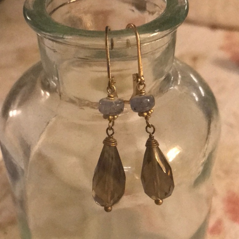 Smoky quartz & blue kyanite stones dangle from 14/20 k gold filled French backs